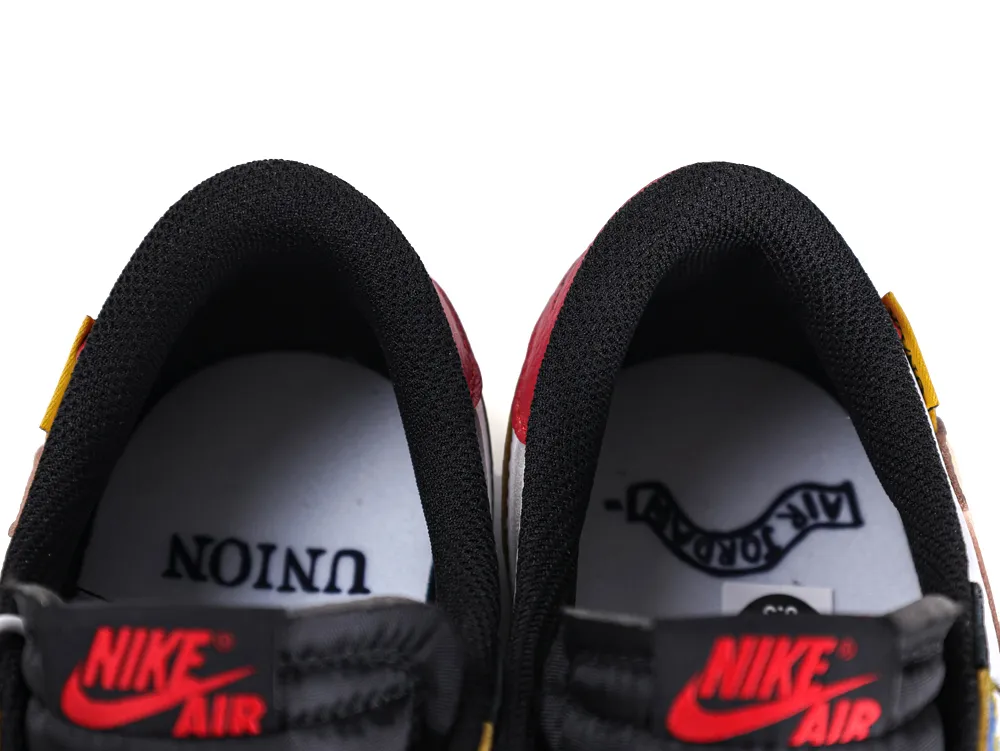 Black mesh sneaker collars with red and yellow accents, showcasing branded insoles.