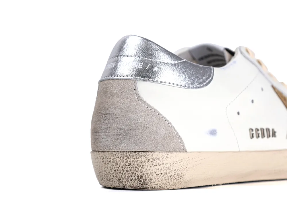Rear heel view of Golden Goose Super Star sneaker in white and silver