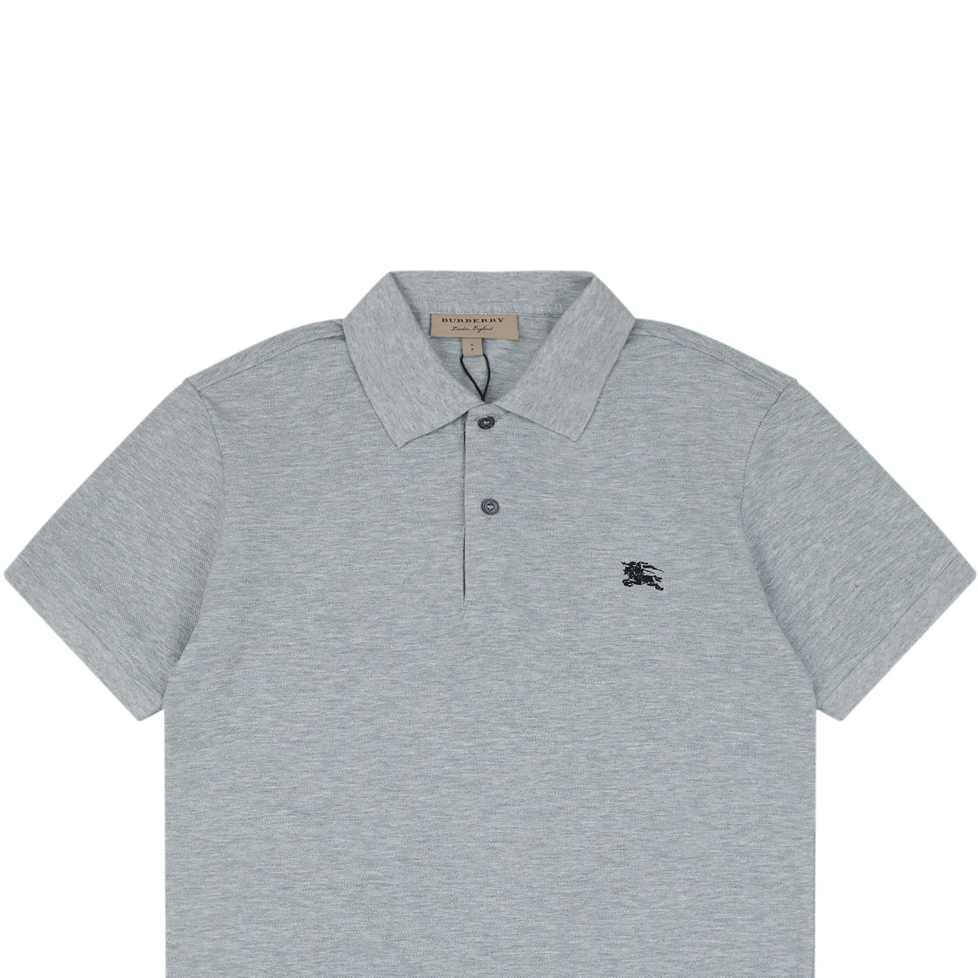 Gray cotton polo shirt with short sleeves and buttoned collar.