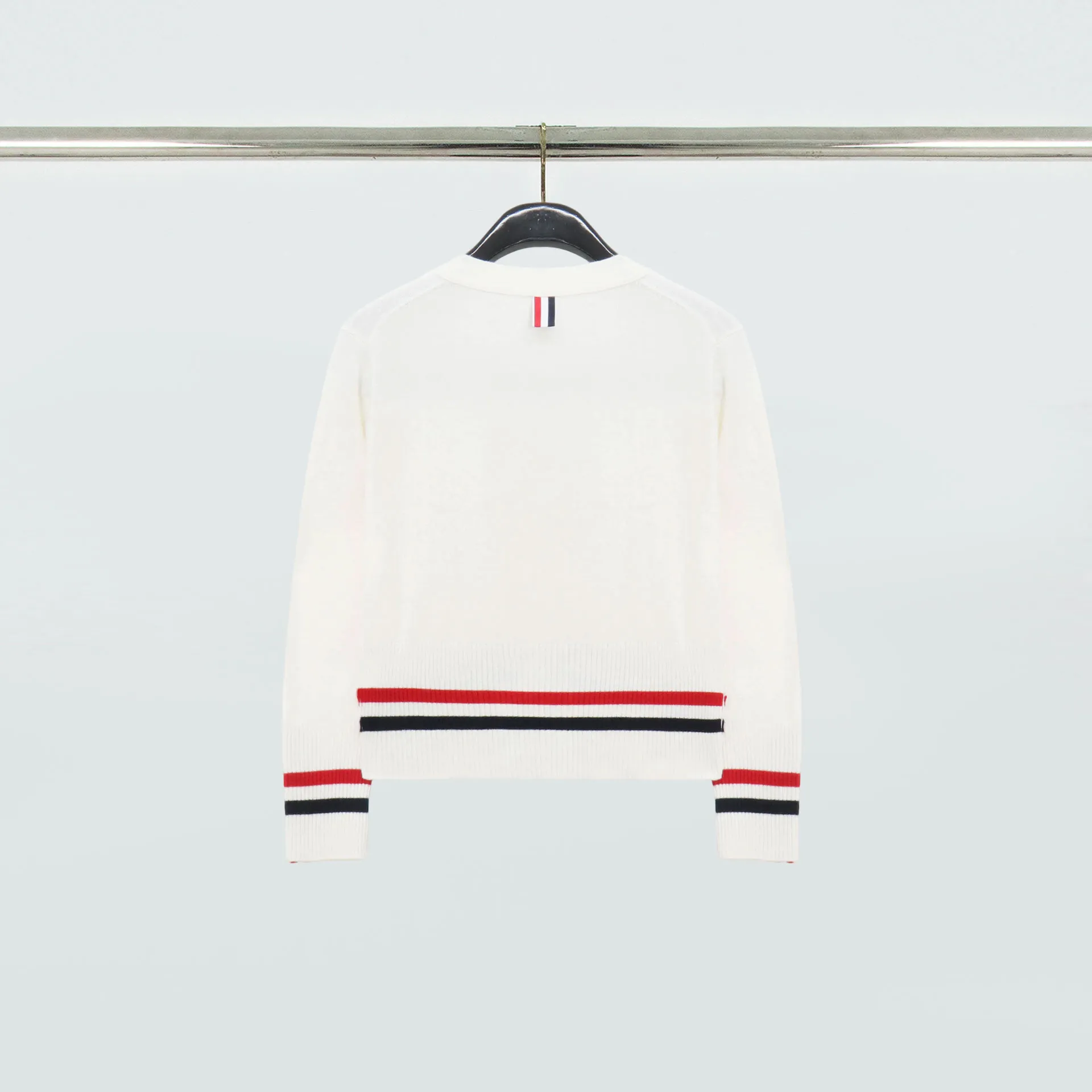Back View TB Tricolor Trim V-Neck Wool Cardigan Sweater