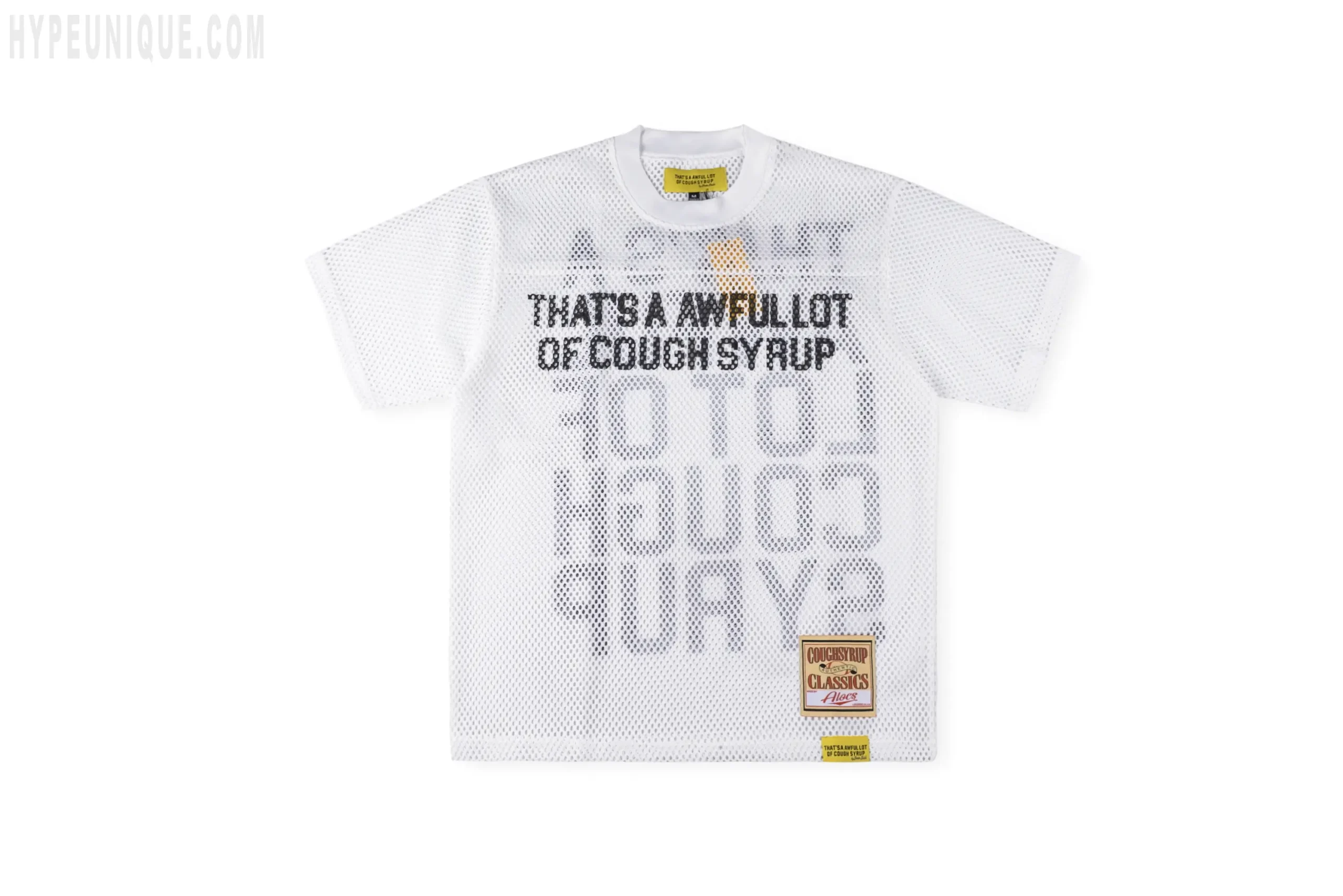 That's A Awful Lot of Cough Syrup Letter Mesh T-shirt, pink, front view. Showing the mesh fabric and the brand's printed logo on the chest.
