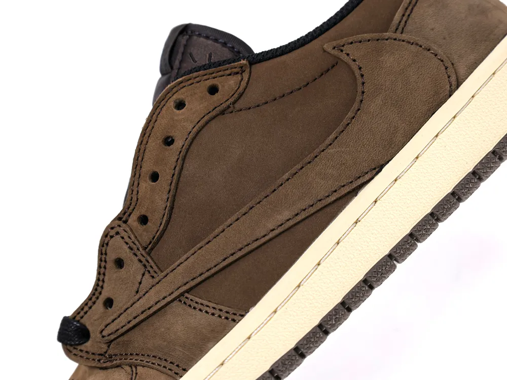Travis Scott x Air Jordan 1 Retro Low OG SP Velvet Brown suede reverse Swoosh close up