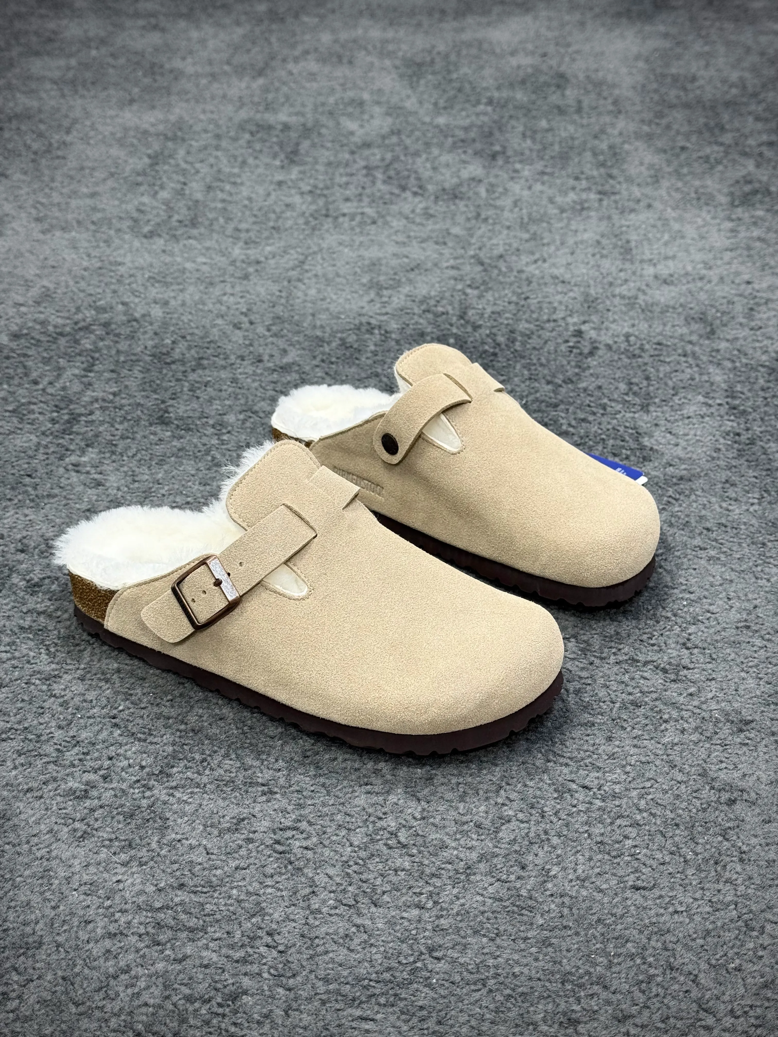 BK Boston “Antique White” Shearling-Lined Suede Leather Clogs