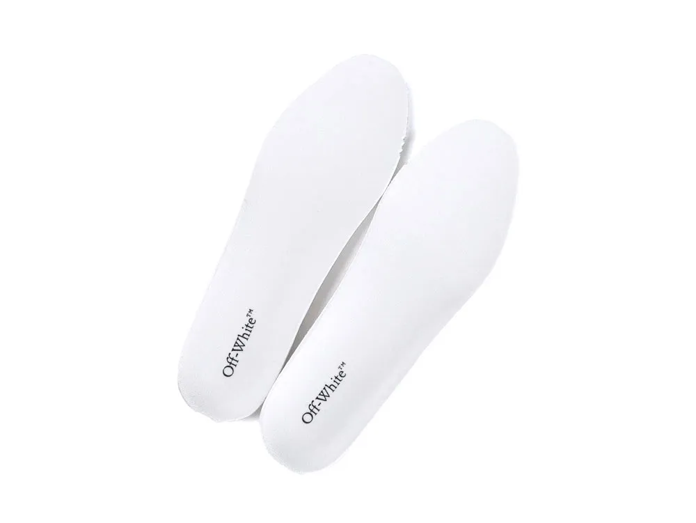 White foam insoles with printed text, sleek design for comfortable shoe fitting.