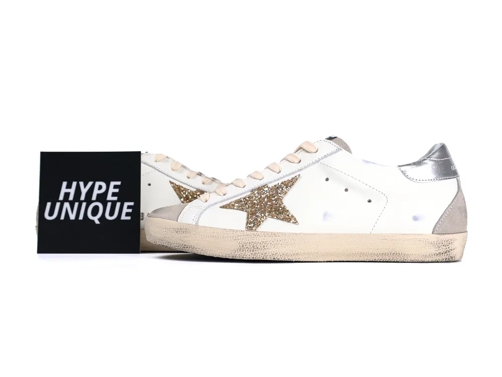 Super Star Sneakers “White, Ice Gray, and Gold Glitter”