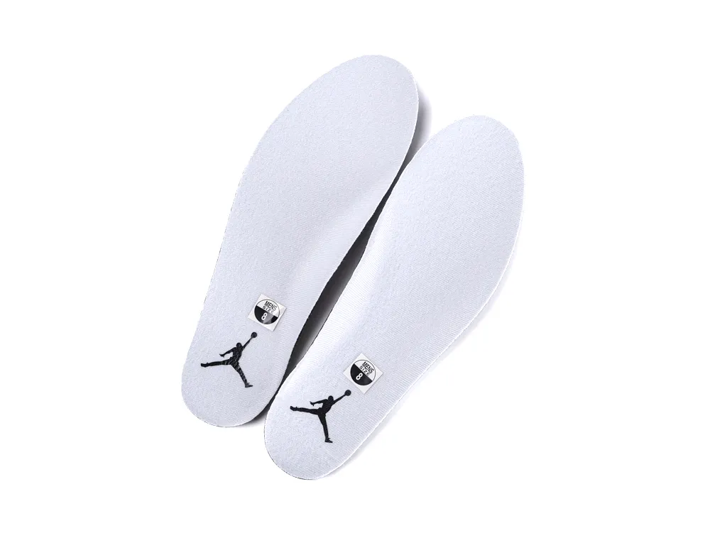 White fabric insoles with a black logo and size label.
