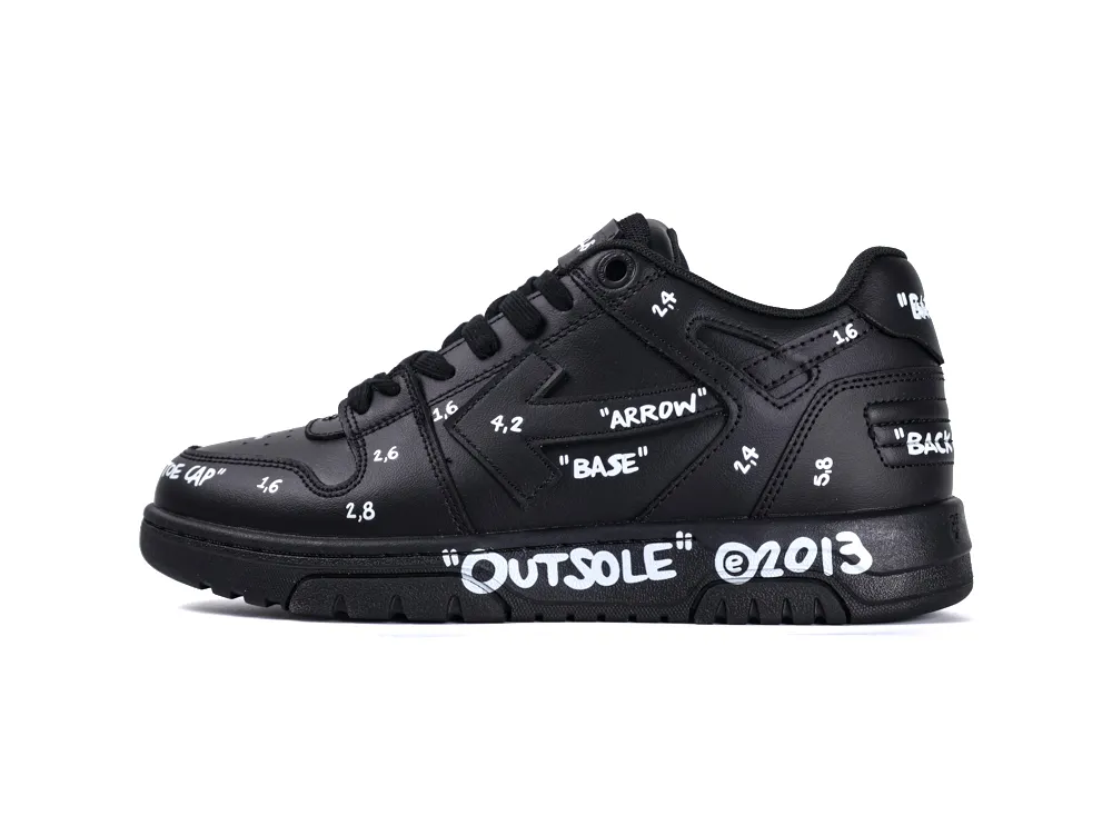 Black leather sneaker with white text, featuring various parts like outsole and toecap.