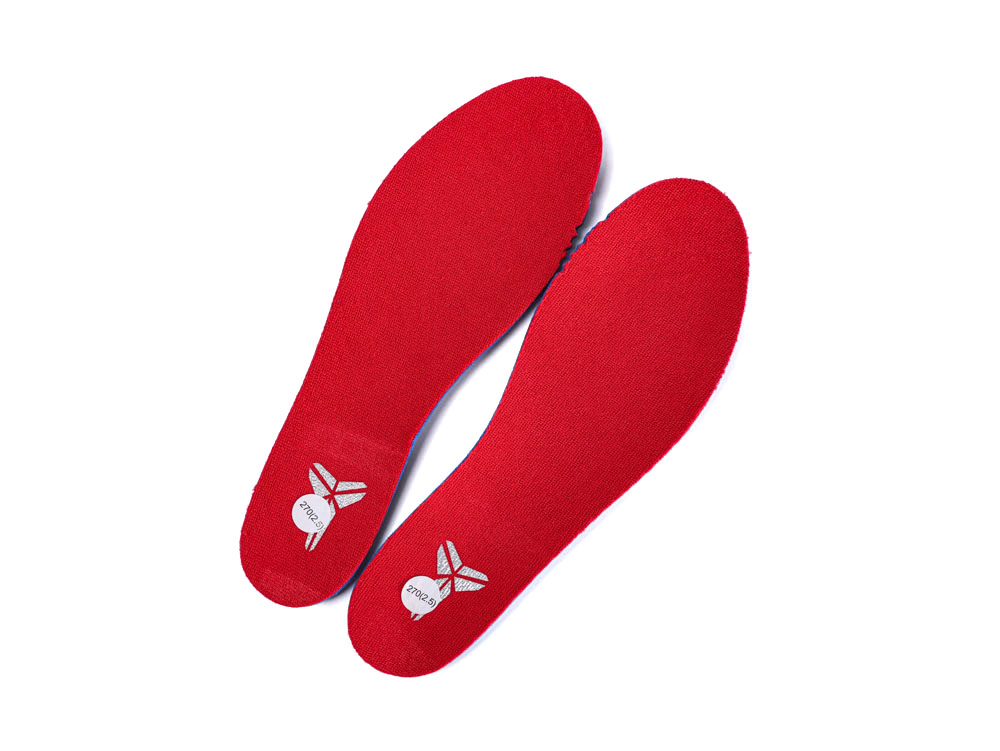 Red fabric insoles with printed logo, designed for shoe interior comfort.