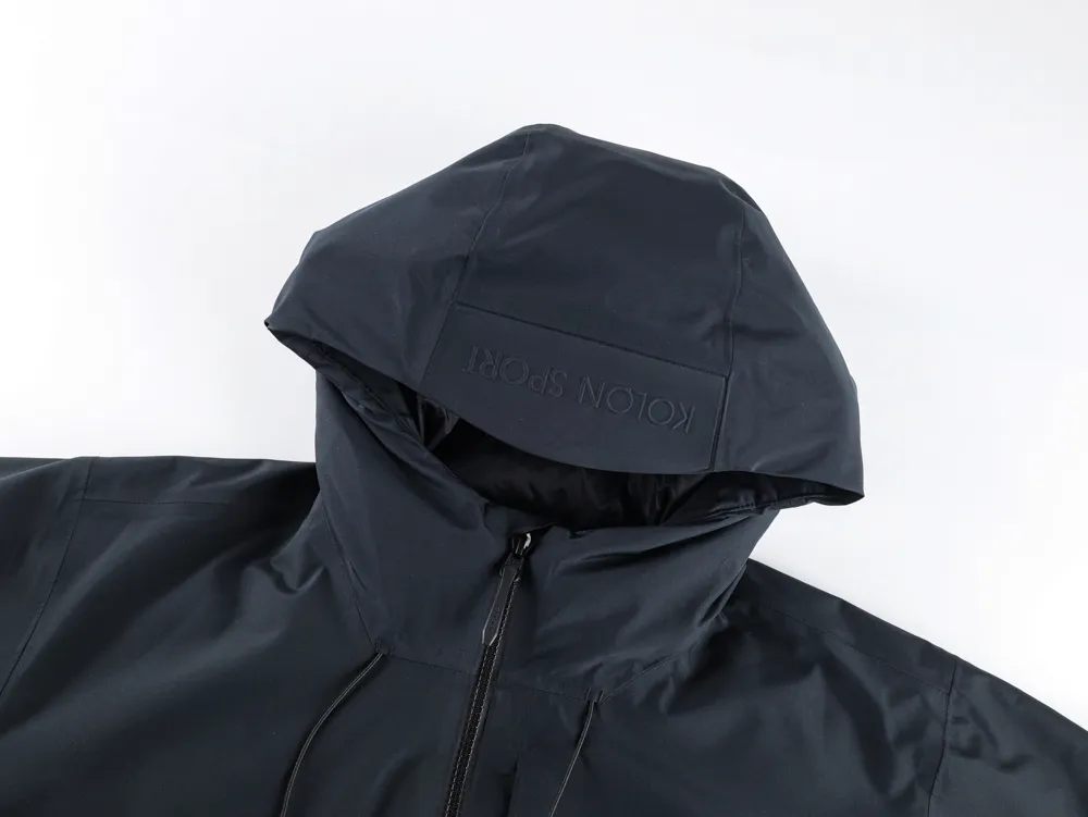 Hooded jacket made of synthetic material with visible zipper and drawstring.
