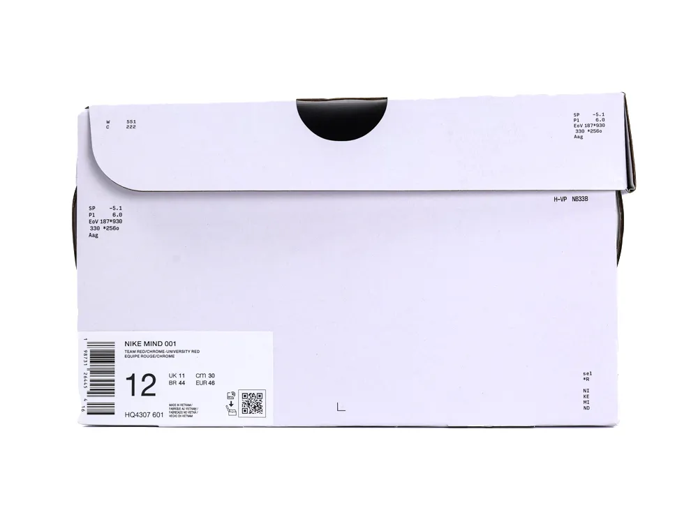 White Nike shoebox with a product label for "Nike Mind 001" in Team Red/Chrome-University Red.
