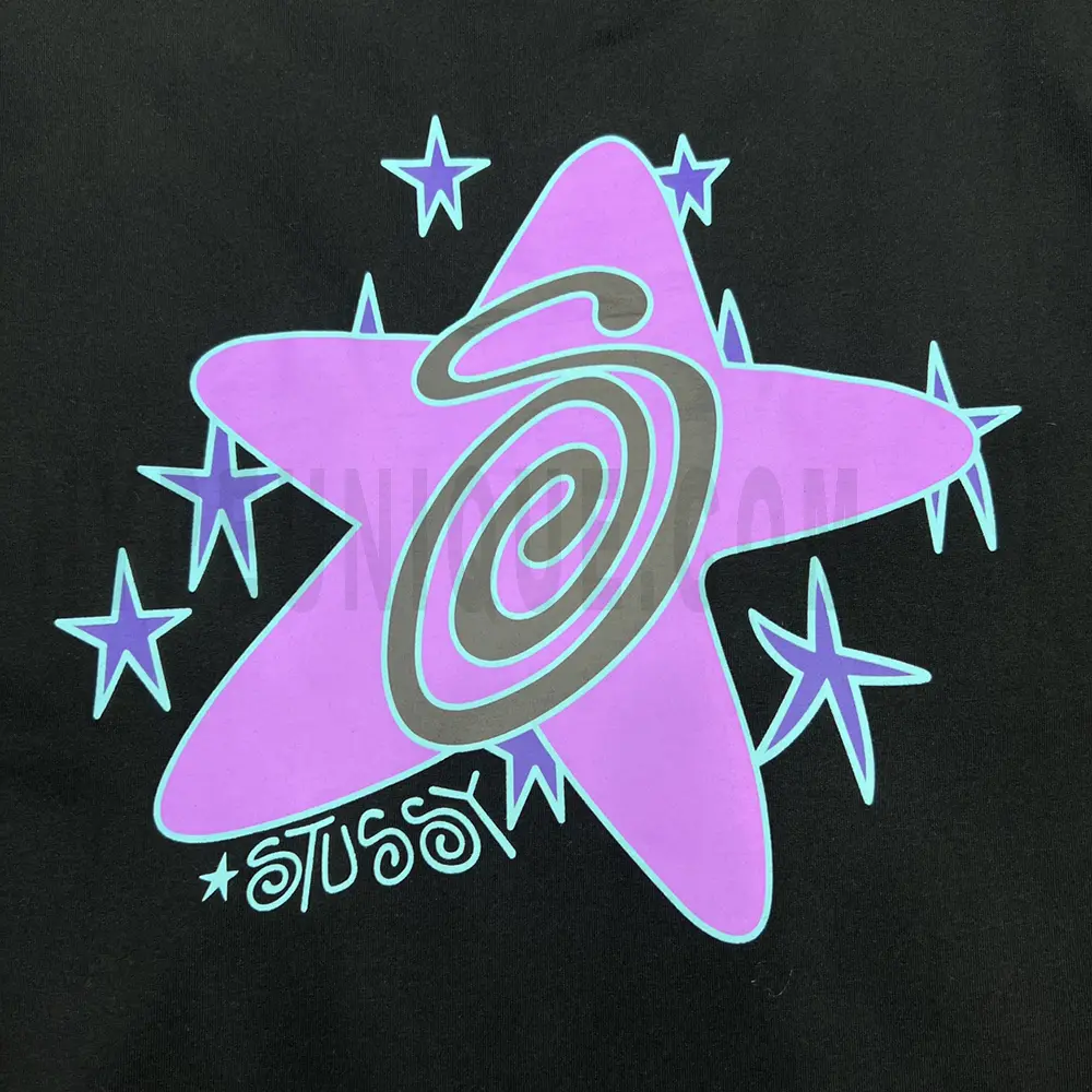 Close-up of the T-shirt print details of the front of the black clothes.