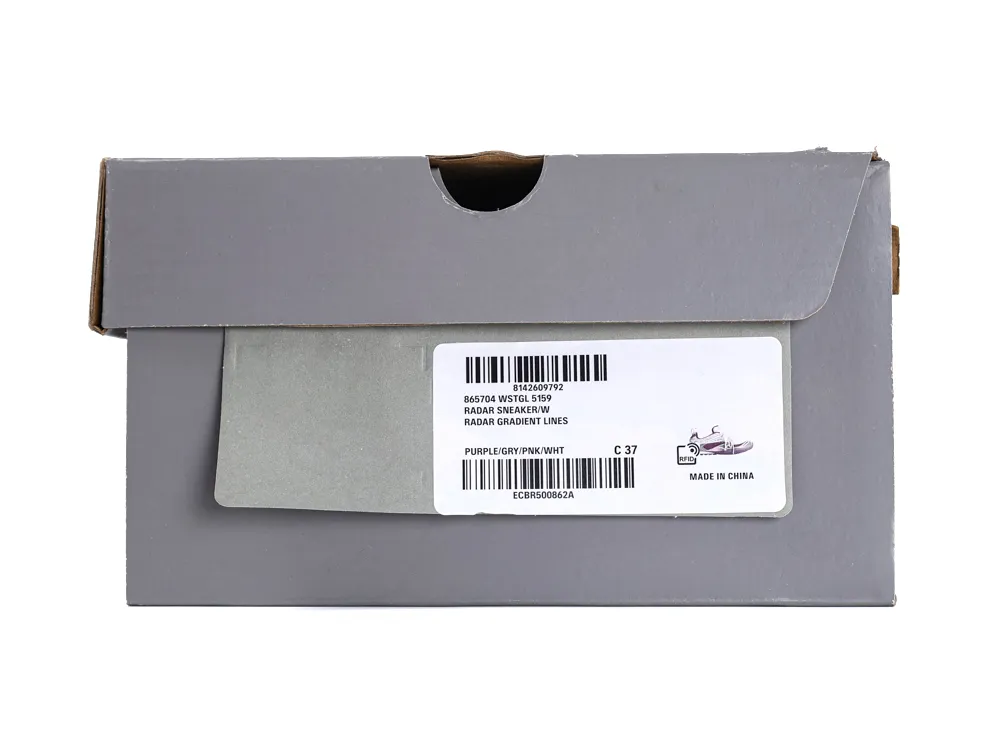 Gray cardboard shoebox with a label, featuring purple, gray, pink, and white design.