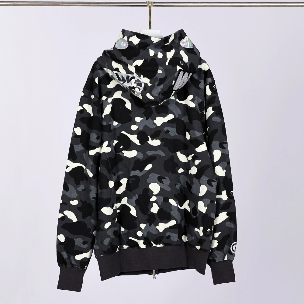 back side of black BAPE CITY CAMO SHARK FULL ZIP HOODIE