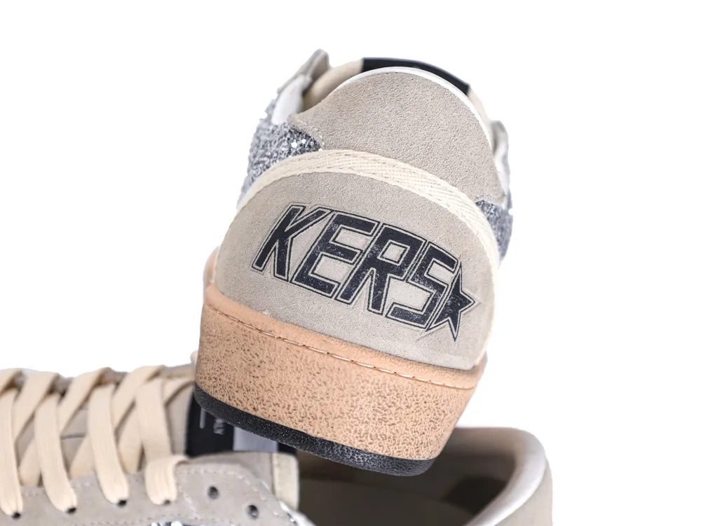 Rear view of Golden Goose Ball Star sneakers with silver glitter and suede