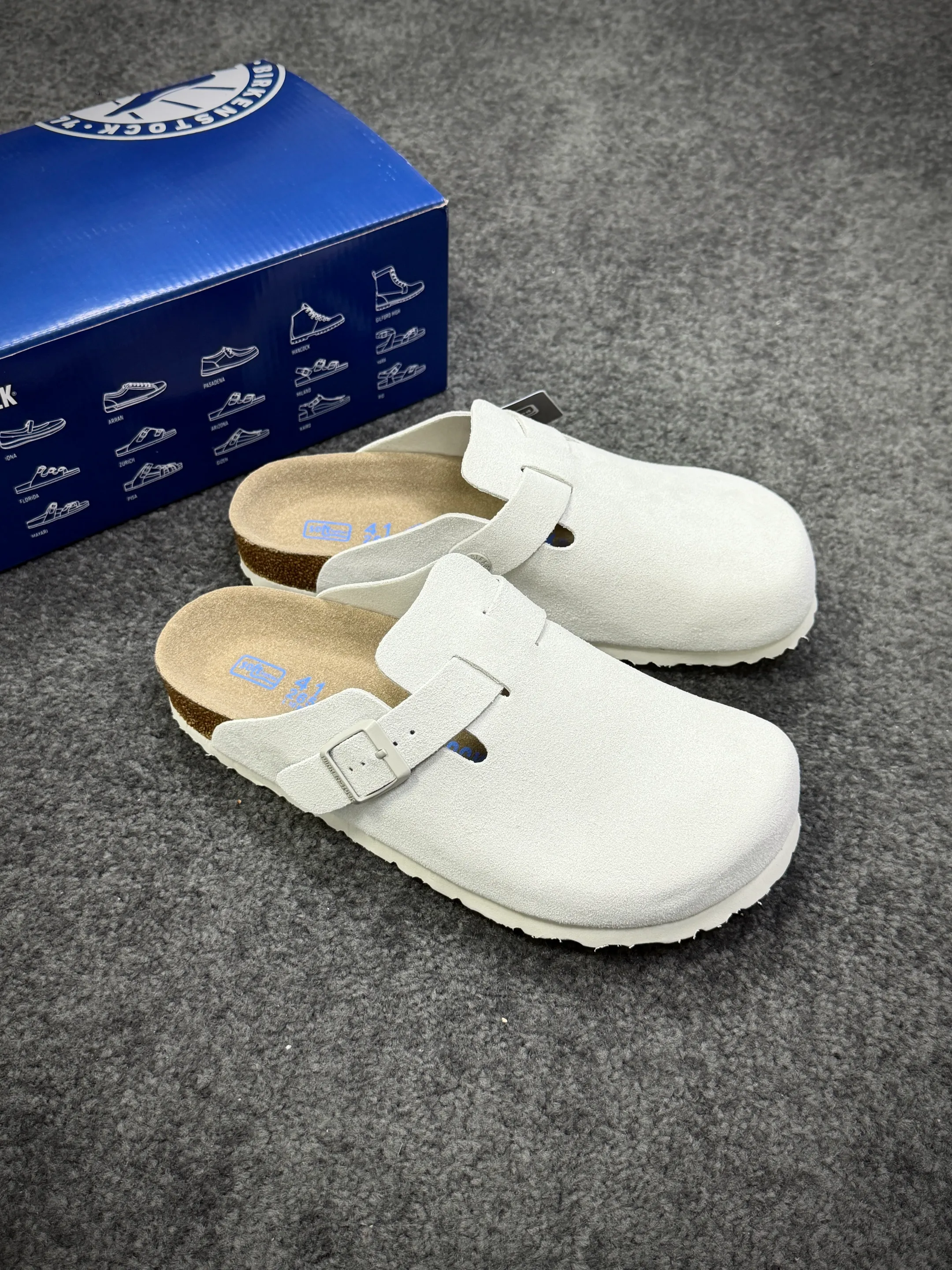 BK Boston Soft Footbed “Light Grey” Suede Clogs