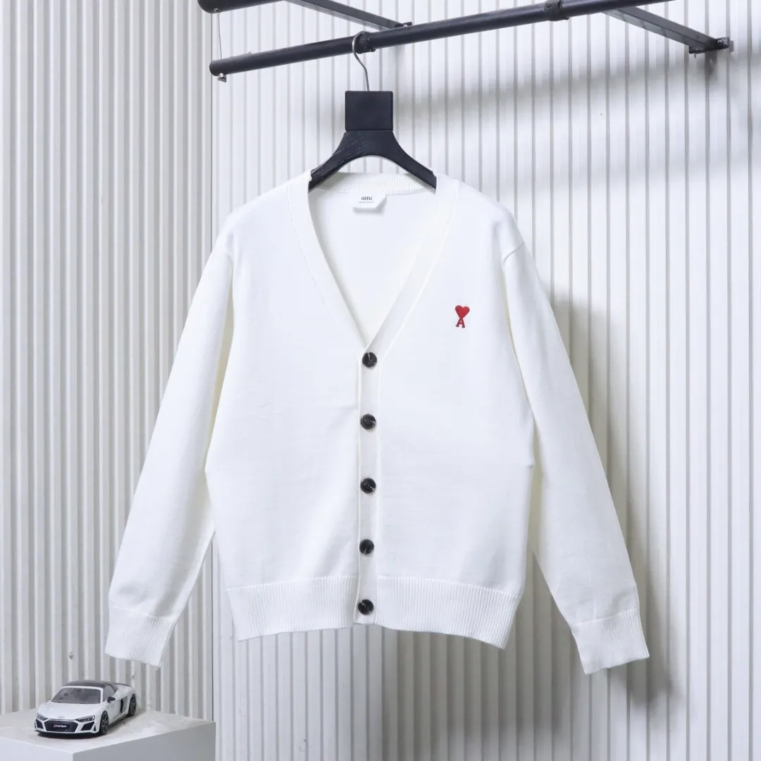 AMI Heart Embroidered V-Neck Cardigan Sweater