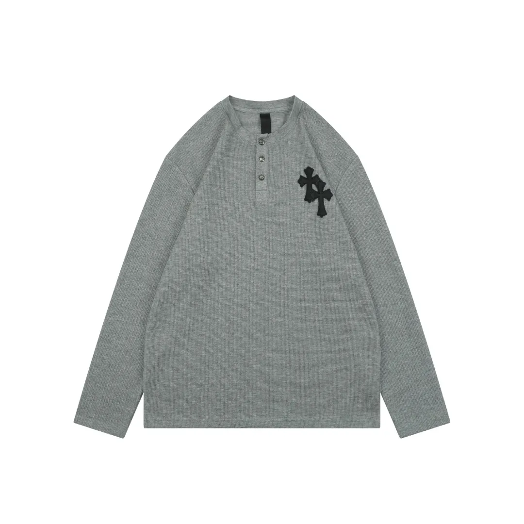 CH Black Cross Leather Patch Waffle Henley Long-Sleeve Shirt