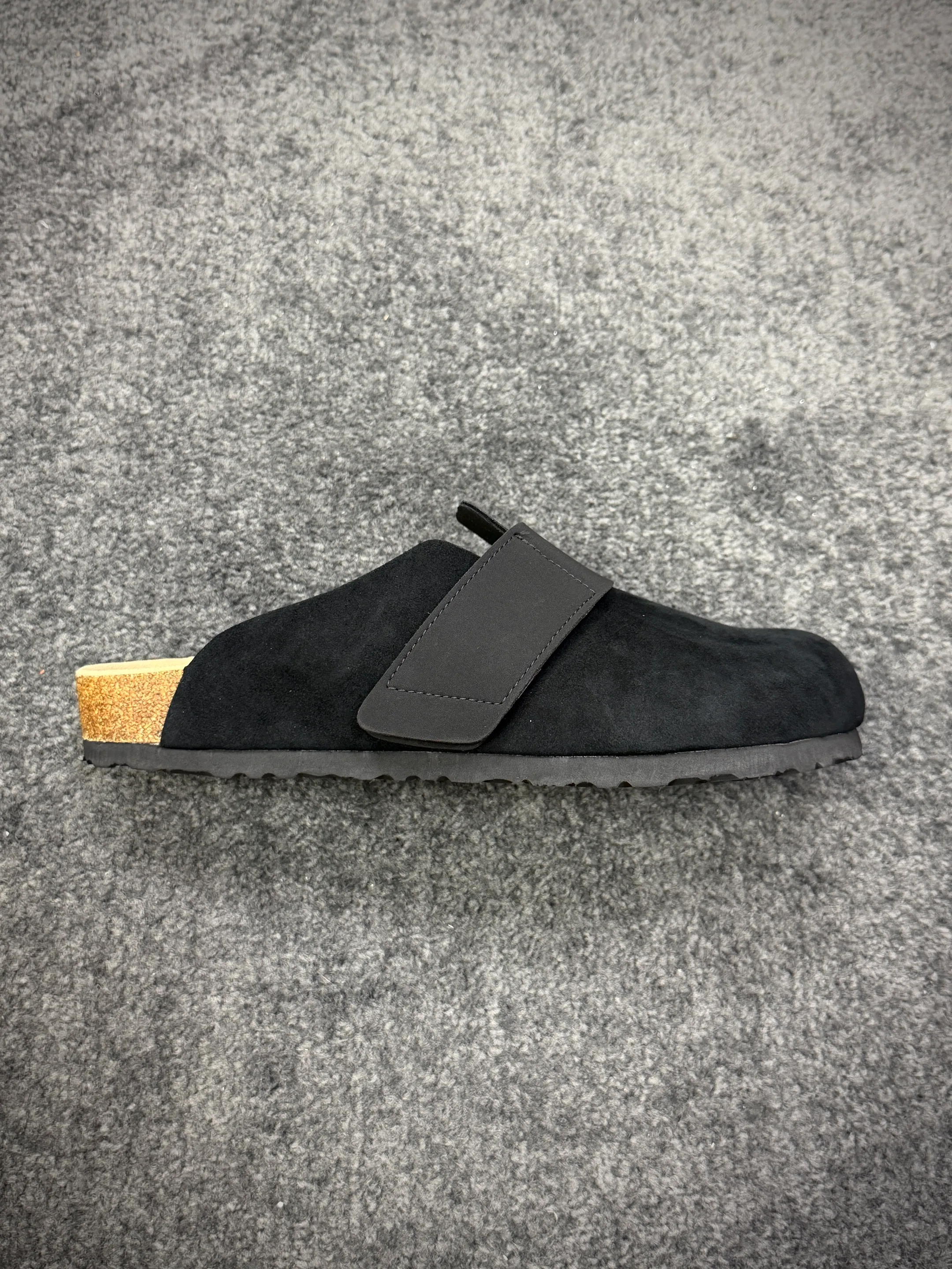 BK Loma Black Suede Velcro Clogs Side View