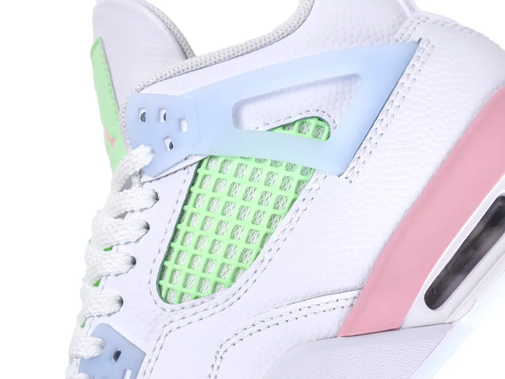 Close-up of the Jordan 4 side panel highlighting the mint green mesh netting and baby blue support wing.