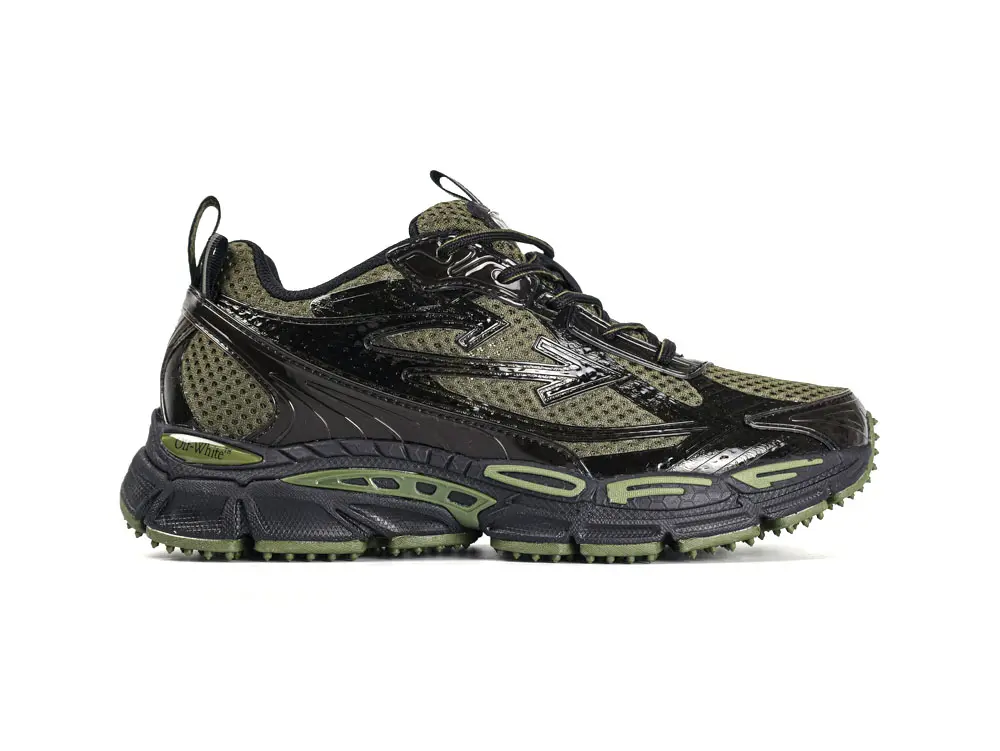 Lateral side view of Off-White Black Be Right Back sneaker with textured midsole and trail-inspired outsole
