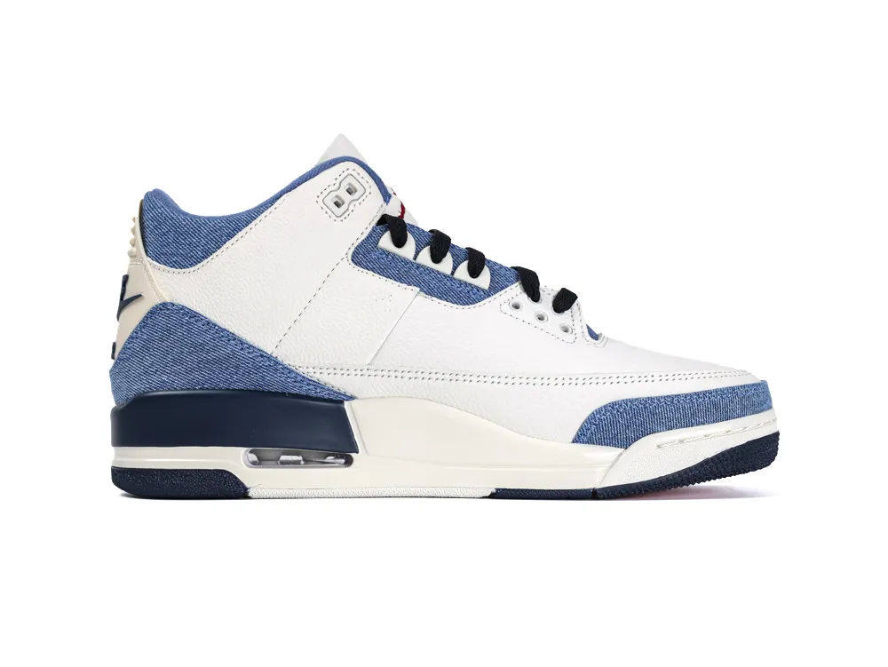 Medial side view of the right Levi's x Jordan 3 sneaker showcasing the white leather upper, blue denim overlays, and navy blue midsole.
