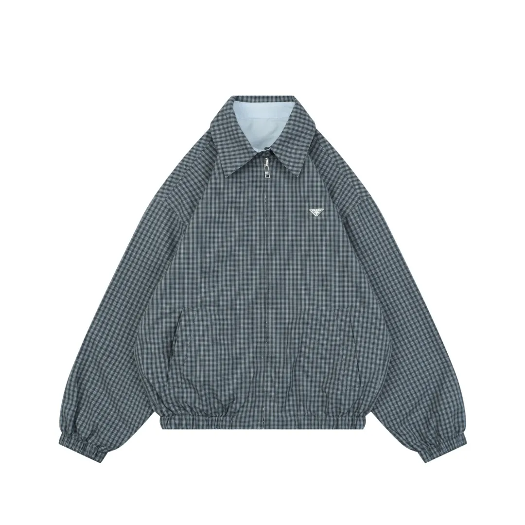 Reverse Gray Blue Gray Plaid Reversible Harrington Jacket