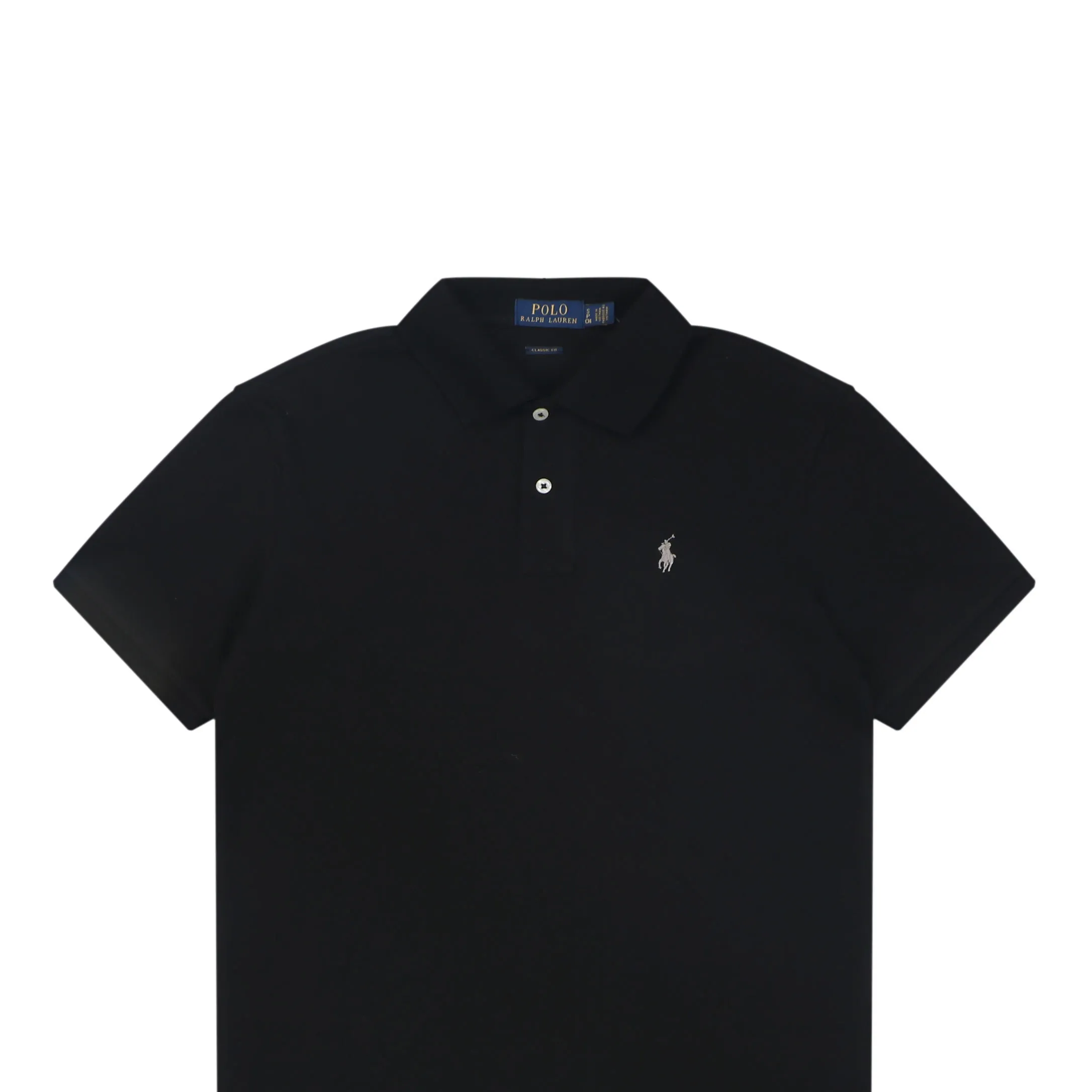 Black cotton polo shirt with short sleeves and buttoned collar.