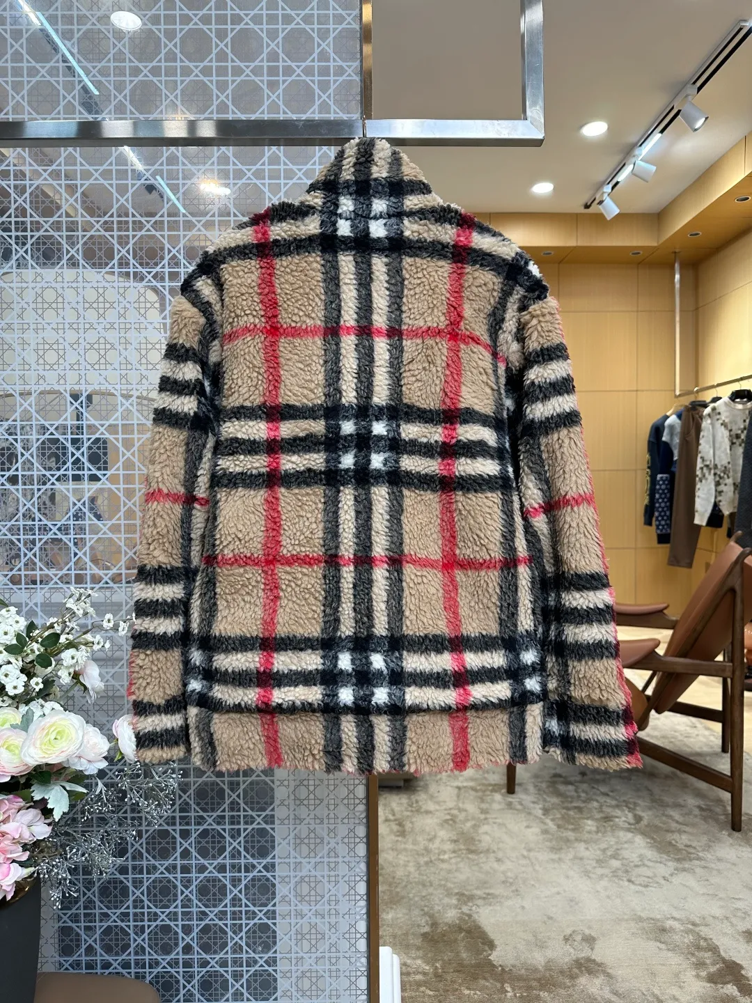 Back View BBR Classic Check Shearling Stand Collar Jacket