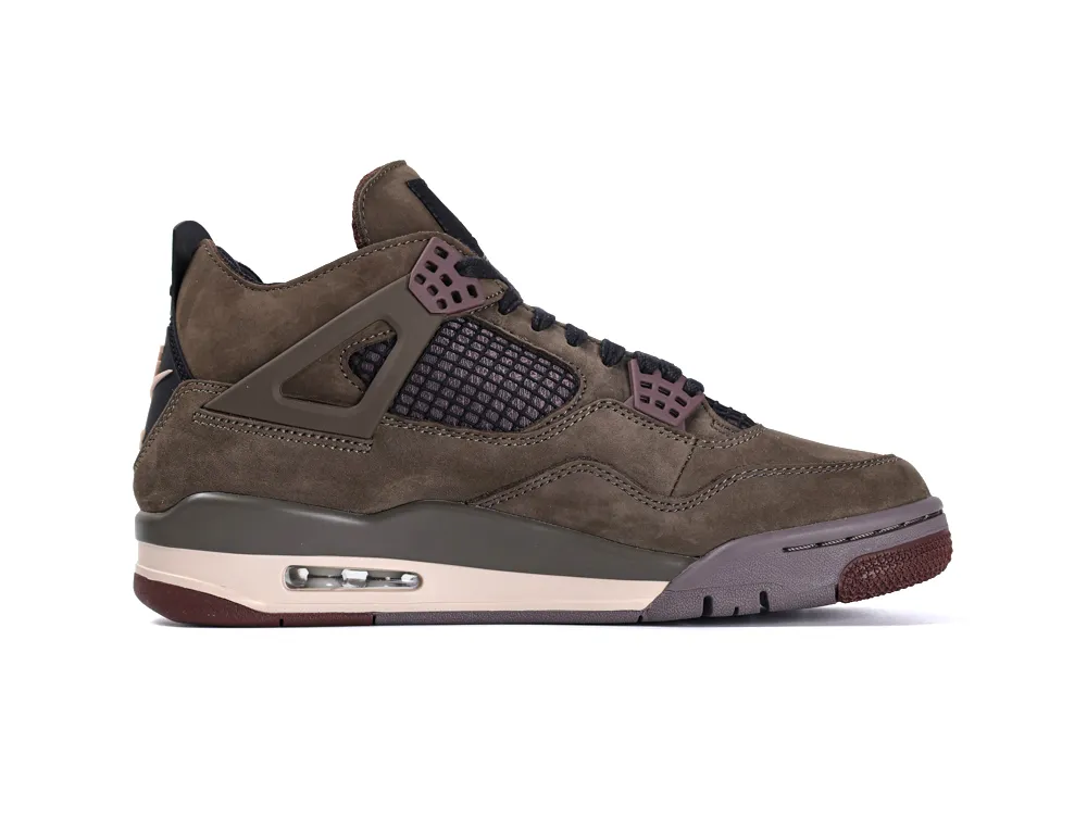 Brown suede sneaker with a black mesh upper and maroon rubber sole accents.