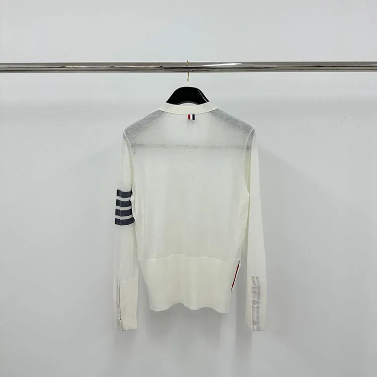 Back View TB Four-Bar Fine Wool Cardigan Sweater
