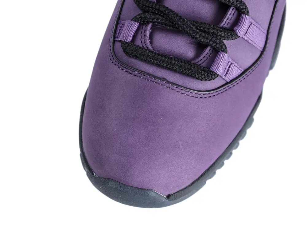 Purple high-top basketball sneaker.