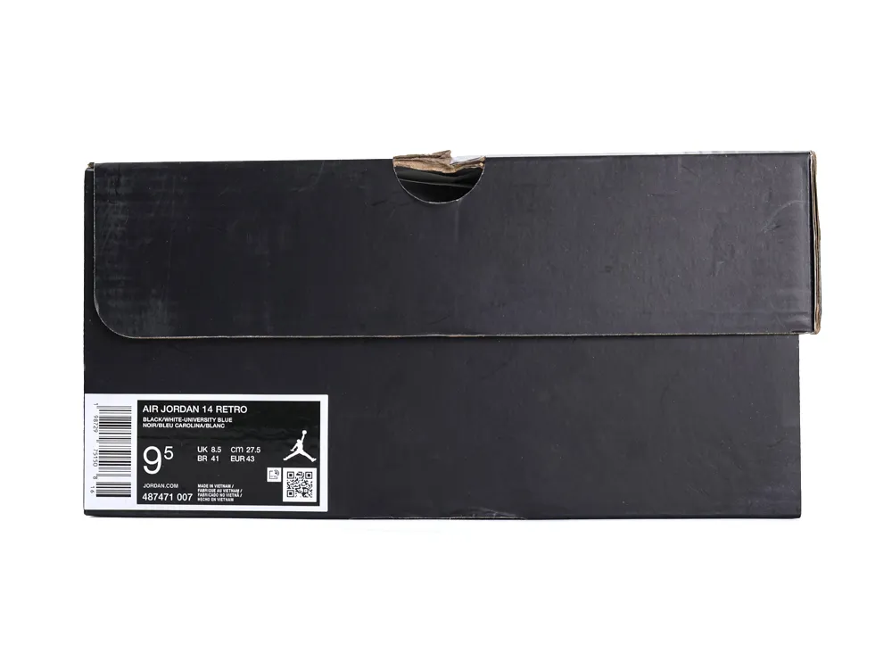 Black cardboard shoe box with label for Air Jordan 14 Retro sneakers.