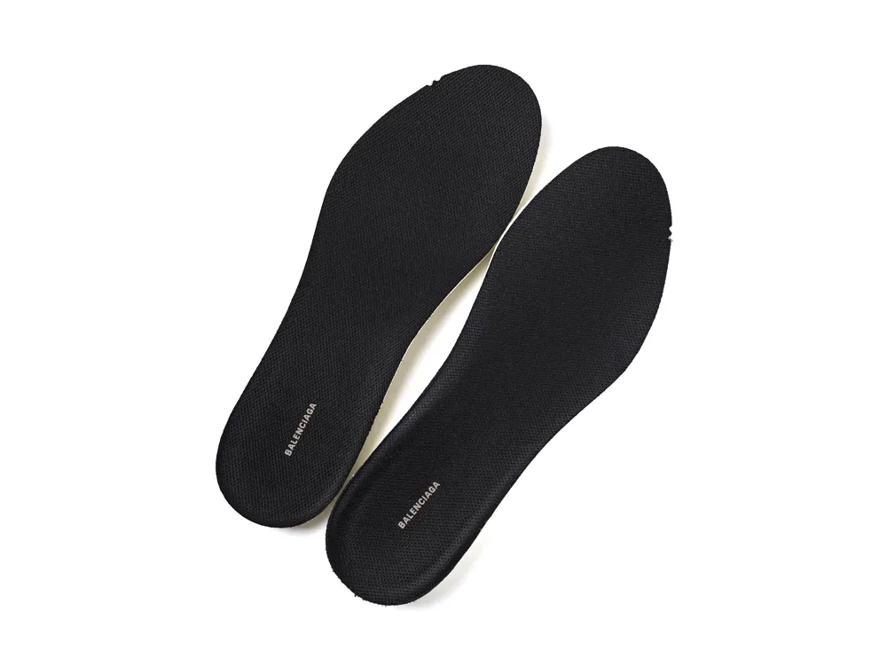 Black insoles made of textured fabric material, featuring brand logo text.