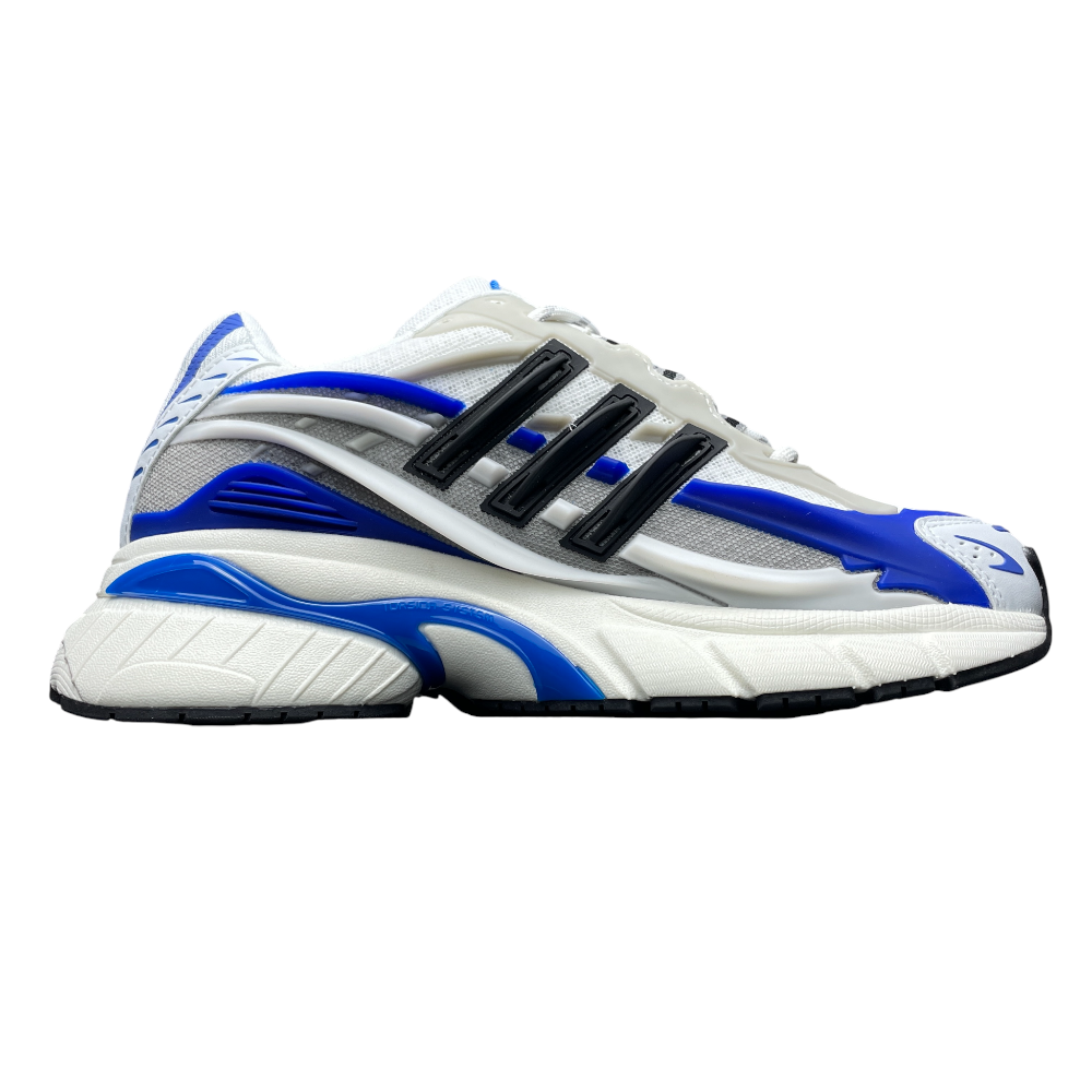 Sporty sneaker featuring blue, black, and white synthetic materials with angular detailing, prominent curves, and textured sole for traction.