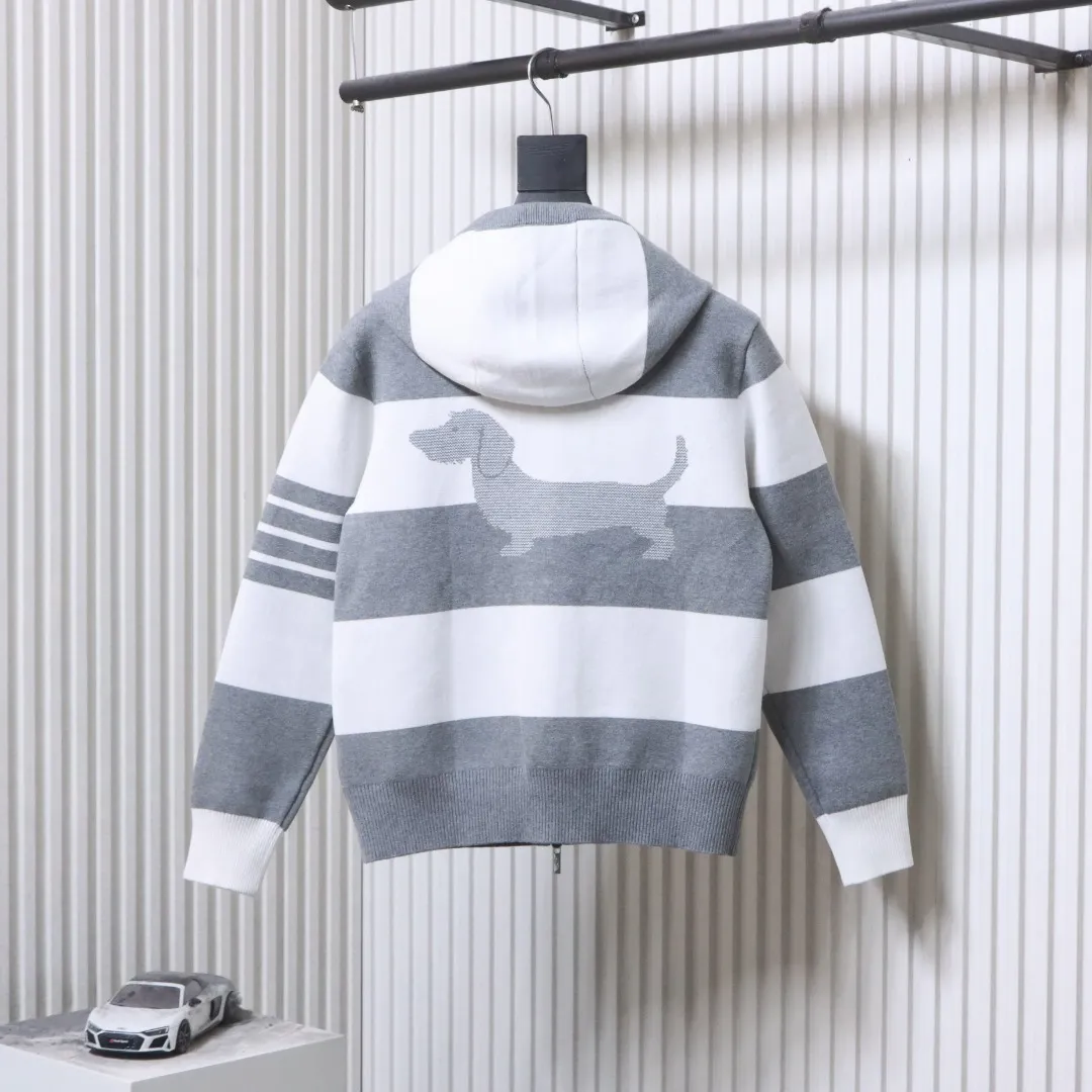Back TB Wide-Stripe Puppy Knit Hooded Cardigan