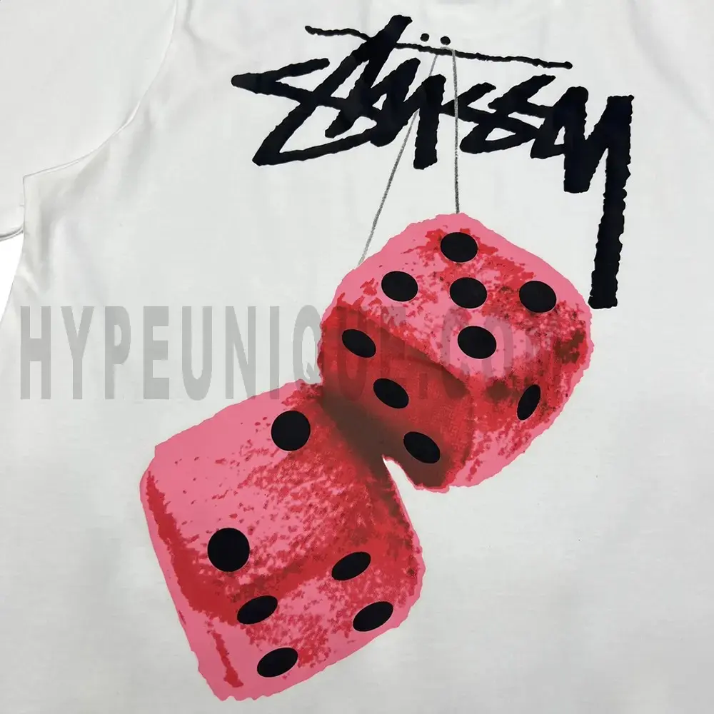 Close-up of the T-shirt print details of the back of the white clothes.