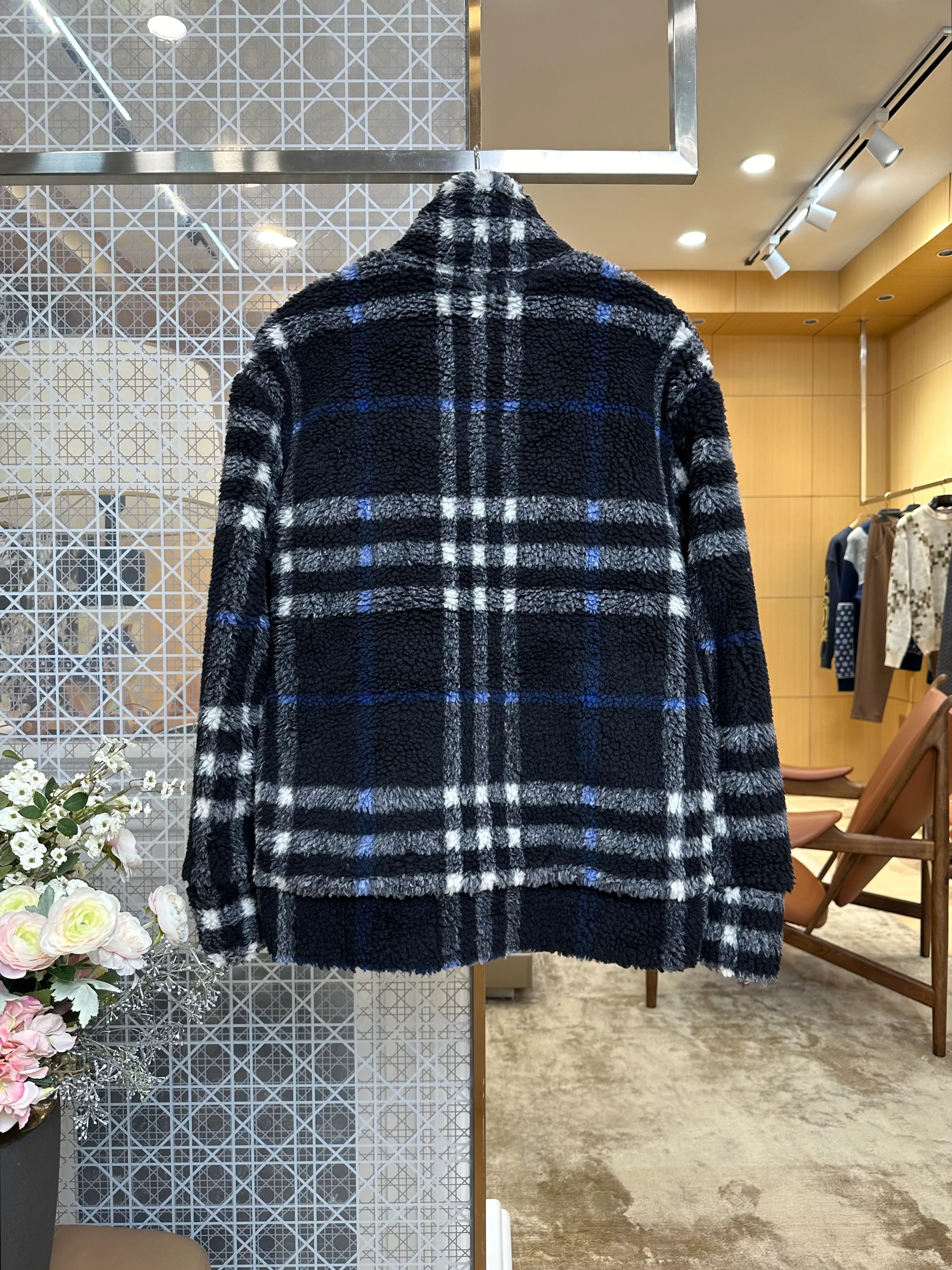 Back View BBR Classic Check Shearling Stand Collar Jacket
