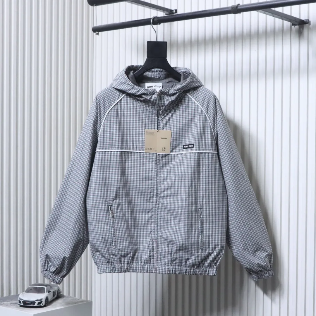 MiuM Gray Check Hooded Zip-Up Windbreaker Jacket