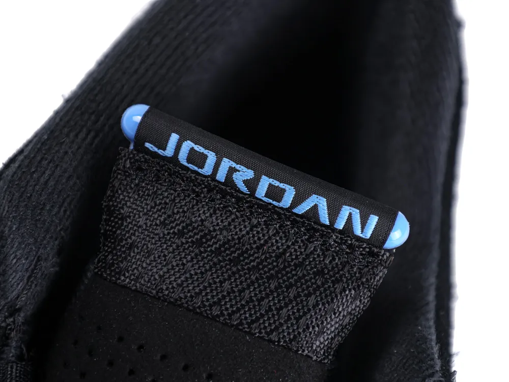 Black fabric shoe tag with blue text and accents, featuring "JORDAN."