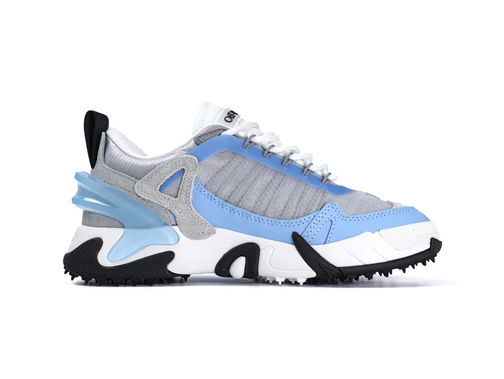 Blue and gray sneaker with textile upper, rubber sole, and black tread accents.