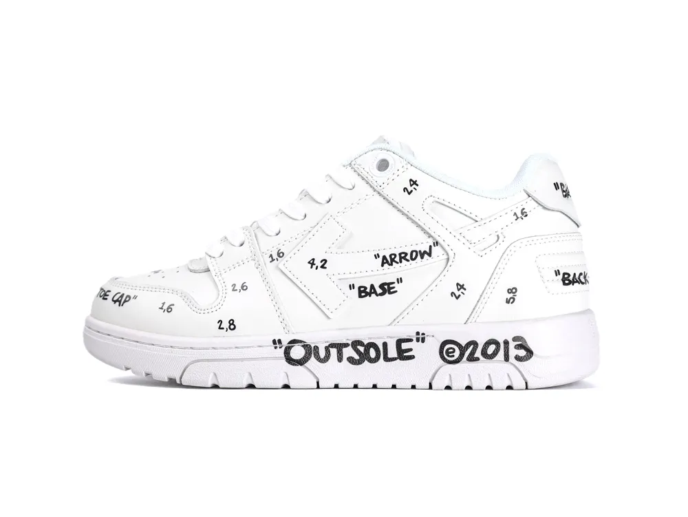 White leather sneaker with black text detailing on the sides and sole.