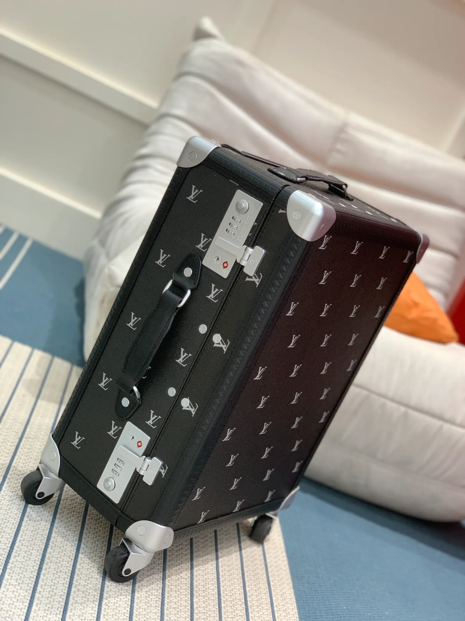 Rolling Trunk Black Monogram Carry-On Suitcase Side View With Combination Locks