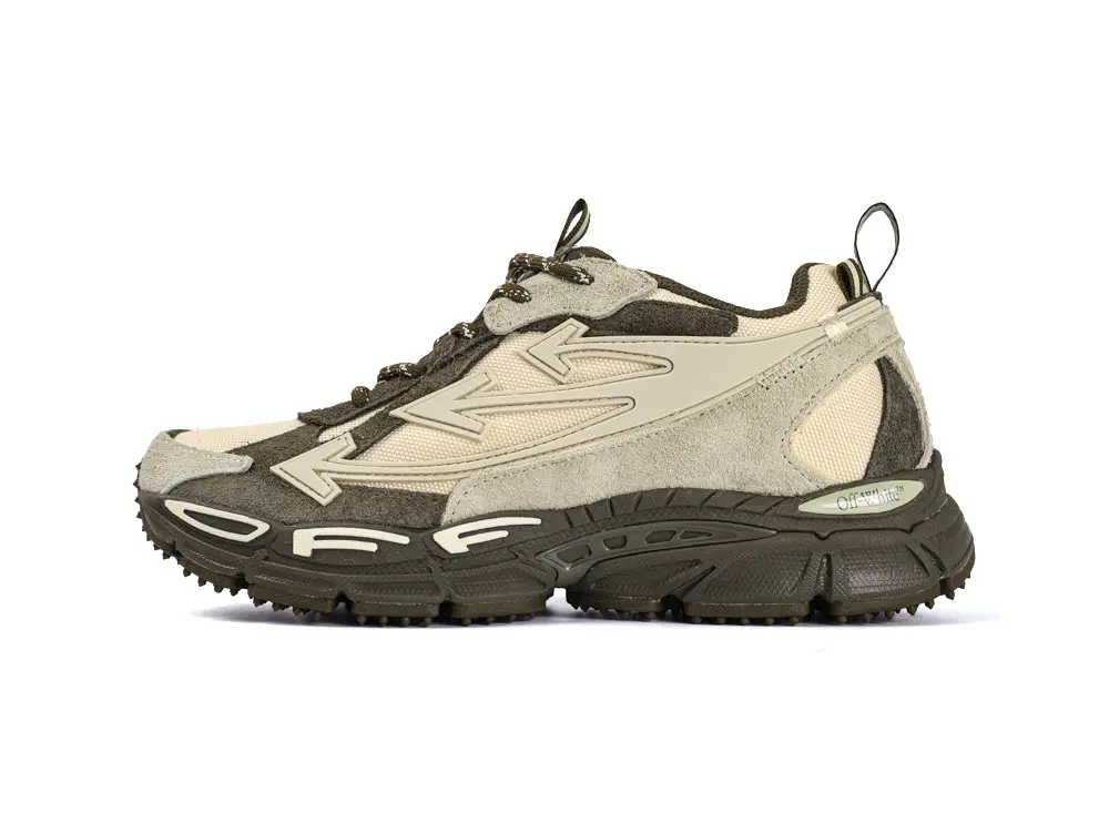 Off-White forest green and sand suede sneaker, lateral profile