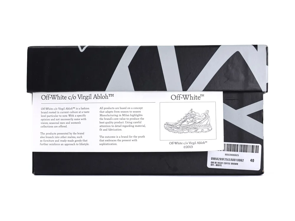 Black and gray Off-White shoebox with label and branding text, cardboard material.
