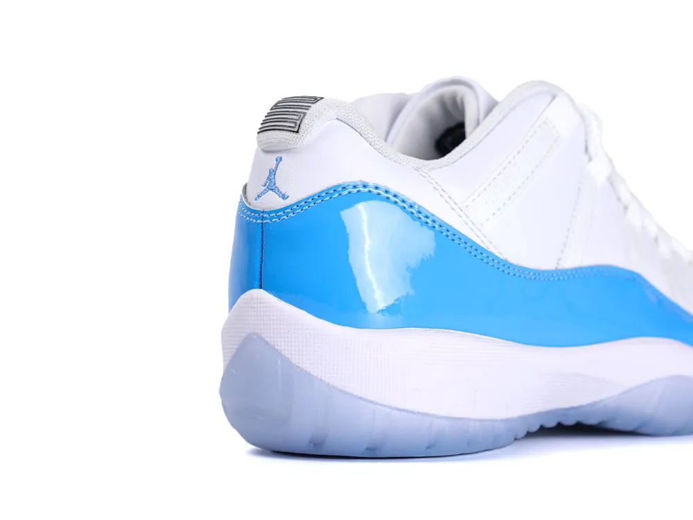 White and blue patent leather sneaker with a gray fabric upper and rubber sole.