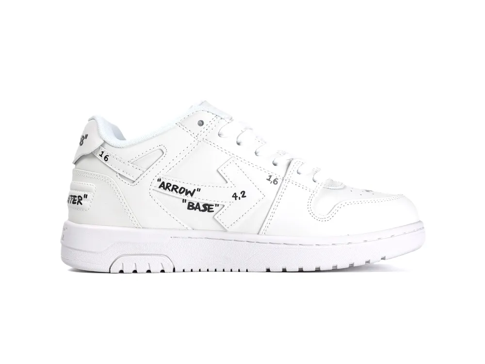 White leather sneaker with printed text details and a rubber sole.