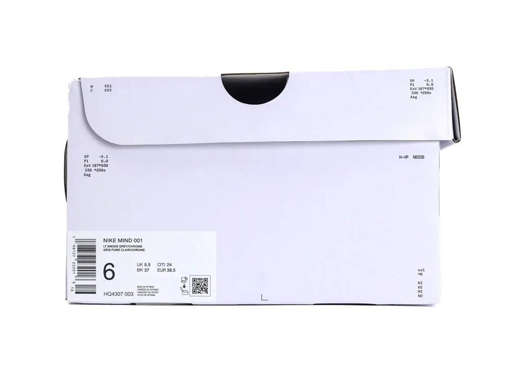 White cardboard shoe box with printed details and a black pull tab.