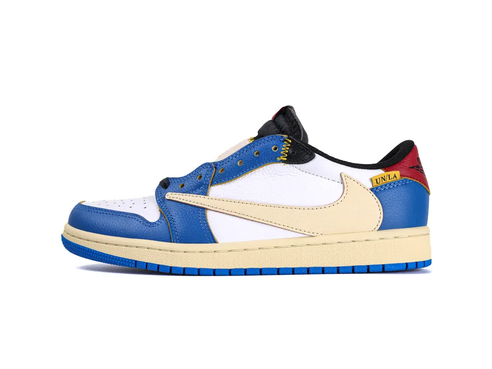 Multicolored leather sneaker with blue sole, white toe, and beige swoosh detailing.
