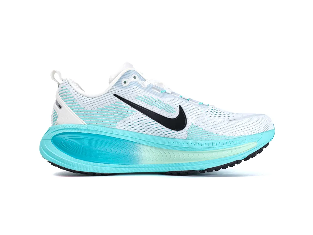 White and turquoise running shoe with mesh upper and black logo, rubber sole.