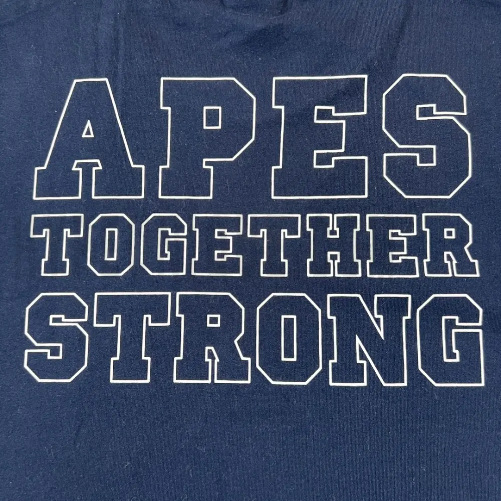 Detailed shot capturing the graphic print on the blue tee's back panel.